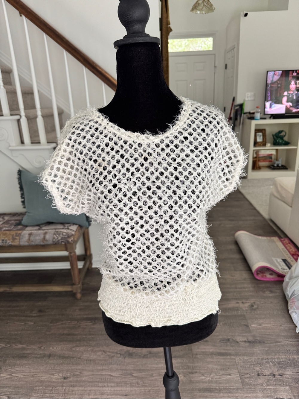 Y2K White Open Knit Short Sleeve Sweater
